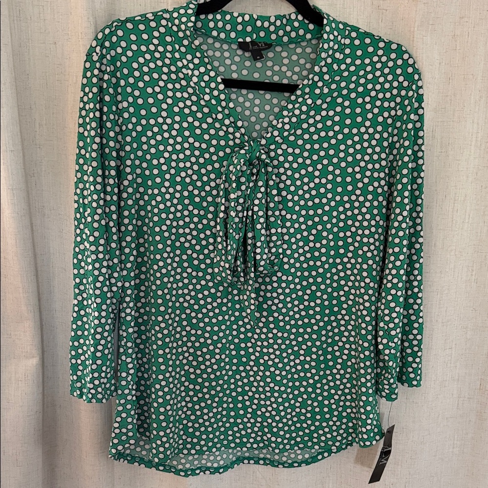 LM Kelly Green Polka Dot Tie-Neck Blouse Silky
